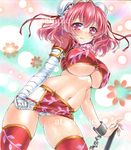  alternate_costume artist_name ass_visible_through_thighs at_classics bandaged_arm bandages bangs blush breasts bun_cover chain closed_mouth covered_nipples cowboy_shot cuffs double_bun eyebrows_visible_through_hair hair_between_eyes ibaraki_kasen large_breasts looking_at_viewer microskirt navel panties pencil_skirt pink_eyes pink_hair race_queen sample shackles short_sleeves skirt skirt_tug solo thighhighs touhou traditional_media underboob underwear watermark white_panties 