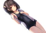  bangs black_hair blue_sky blue_swimsuit blush breasts brown_eyes dutch_angle eyebrows_visible_through_hair hair_ornament hands_up highres looking_at_viewer missile228 no_pants one-piece_swimsuit one_side_up open_clothes open_shirt original parted_lips school_swimsuit shirt short_hair sidelocks simple_background sky small_breasts solo standing star star_hair_ornament swimsuit swimsuit_under_clothes thighs undressing white_background 