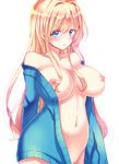  aizawa_chihiro bangs belly blonde_hair blue_eyes blush breasts cardigan commentary curvy eyebrows_visible_through_hair hair_between_eyes hair_intakes large_breasts long_hair looking_at_viewer naked_cardigan navel nipples open_cardigan open_clothes original parted_lips sidelocks simple_background solo tareme white_background 