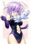  1girl breasts commentary_request cowboy_shot elbow_gloves fate/grand_order fate_(series) fou_(fate/grand_order) glasses gloves hair_over_one_eye highres kawachi_koorogi large_breasts leotard mash_kyrielight navel navel_cutout open_mouth purple_eyes purple_hair short_hair solo 