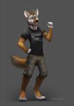  4_toes 5_fingers anthro barefoot black_nose blue_eyes brown_hair canine clothed clothing digitigrade fur grey_background grey_fur hair koul male mammal simple_background solo toes wolf 