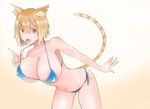  animal_ears bikini blonde_hair breasts cat_ears cat_tail cleavage highres large_breasts lun7732 navel original short_hair simple_background solo swimsuit tail yellow_eyes 