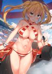  ahoge bikini blonde_hair breasts car cleavage commentary_request criss-cross_halter day fate/grand_order fate_(series) green_eyes ground_vehicle hair_intakes halterneck highres kawai large_breasts long_hair looking_at_viewer motor_vehicle navel nero_claudius_(fate)_(all) nero_claudius_(swimsuit_caster)_(fate) outdoors race_queen racecar side-tie_bikini smile solo striped striped_bikini swimsuit twintails umbrella 