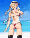  ;d anchor_hair_ornament arm_ribbon ass bare_shoulders beach bikini black_legwear blonde_hair blue_sky breasts cloud covered_nipples day dimples_of_venus from_behind gloves green_eyes hair_ornament heart index_finger_raised kantai_collection looking_at_viewer looking_back medium_breasts one-piece_tan one_eye_closed open_mouth outdoors prinz_eugen_(kantai_collection) red_bikini ribbon sameha_ikuya shoulder_blades side-tie_bikini sideboob sky smile solo swimsuit tan tanline thighhighs twintails visor_cap white_gloves 