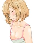  absurdres bangs blush breasts brown_hair camisole closed_eyes collarbone commentary_request fang girls_und_panzer highres itou_ayachi katyusha nipples puffy_nipples simple_background small_breasts solo sweat upper_body white_background 
