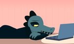  alligator anthro balatronical bea_(nitw) better_version_at_source claws clothed clothing computer crocodilian digital_media_(artwork) female half-closed_eyes inside laptop looking_away lying night_in_the_woods on_front reptile scalie sharp_teeth simple_background solo teeth tired 