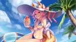  animal_ears bikini blue_bikini blue_sky blush breasts cherry cleavage collarbone day ears_through_headwear fate/grand_order fate_(series) food fox_ears fox_tail fruit hat hat_ribbon highres ice innertube large_breasts long_hair looking_at_viewer navel outdoors palm_tree pink_hair ribbon sky solo sun_hat sweat swimsuit tail tamamo_(fate)_(all) tamamo_no_mae_(fate) tamamo_no_mae_(swimsuit_lancer)_(fate) tongue tree utsuro_ku white_hat yellow_eyes 