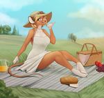  5_fingers anthro barefoot beverage blonde_hair breasts clothed clothing day eyewear female food glasses grass hair hi_res mammal mouse orange_juice outside robyn_paperdoll rodent sitting sky solo 