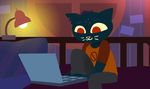  3_fingers anthro balatronical bedroom cat clothed clothing computer feline female inside laptop looking_down mae_(nitw) mammal night_in_the_woods smile solo 