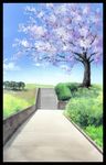  blue_sky border calligraphy_brush_(medium) cherry_blossoms cloud commentary day grass highres hirota_(masasiv3) no_humans outdoors path road scenery sky stairs tree windowboxed 
