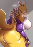  2017 anthro antiraco areola armwear black_sclera blue_eyes blush breasts bridal_gauntlets butt canine clothing digimon facial_markings female hi_res mammal markings neck_tuft pussy renamon simple_background slightly_chubby solo thick_thighs tuft 