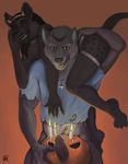  2016 4_toes 5_fingers anthro black_claws black_fur black_hair black_markings black_nose black_spots blue_clothing blue_shirt blue_topwear bottomless brown_background candle canine carrying claws clothed clothing cody_(pittbullpaw) collar digital_media_(artwork) duo erection facial_markings fake_horns fireman&#039;s_carry food fruit fur green_eyes grey_fur grey_penis hair halloween hi_res holding_food holding_object holidays hyena jack-o&#039;-lantern jewelry jockstrap licking licking_lips long_hair looking_at_viewer male mammal markings multicolored_fur necklace notched_ear open_mouth penis pink_tongue pumpkin rov shinowolf shirt signature simple_background spots spotted_fur spotted_hyena standing t-shirt teeth toe_claws toes tongue tongue_out topless torn_clothing two_tone_fur underwear wolf 