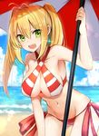  ahoge armpits bad_id bad_pixiv_id bangs beach beach_umbrella bikini blonde_hair blue_sky breasts cleavage cloud cloudy_sky collarbone criss-cross_halter day earrings eyebrows_visible_through_hair fate/grand_order fate_(series) green_eyes hair_between_eyes hair_intakes halterneck holding holding_umbrella jewelry large_breasts leaning_forward long_hair looking_at_viewer looking_to_the_side luse_maonang navel nero_claudius_(fate)_(all) nero_claudius_(swimsuit_caster)_(fate) ocean open_mouth outdoors red_bikini shade side-tie_bikini sidelocks sky smile solo striped striped_bikini swimsuit teeth thighs twintails umbrella 