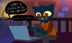  3_fingers anthro balatronical bed bedroom cat clothing computer english_text feline female inside laptop mae_(nitw) mammal night_in_the_woods red_eyes sitting solo speech_bubble text 