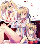  :d ;d ahoge bikini blonde_hair blush bracelet breasts cleavage crossed_legs eyebrows_visible_through_hair fate/grand_order fate_(series) green_eyes hair_ribbon ittokyu jewelry long_hair looking_at_viewer medium_breasts multiple_girls multiple_persona nero_claudius_(fate)_(all) nero_claudius_(swimsuit_caster)_(fate) one_eye_closed open_mouth petals red_ribbon ribbon short_hair signature sitting smile striped striped_bikini swimsuit twintails 