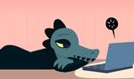  3_fingers alligator anthro balatronical bea_(nitw) claws clothed clothing computer crocodilian english_text female half-closed_eyes inside laptop lying night_in_the_woods on_front reptile scalie sharp_teeth simple_background solo teeth text tired 