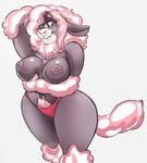  2017 anthro arm_tuft arm_under_breasts big_breasts biped body_hair boss_monster breast_rest breasts brown_nipples brown_skin camel_toe caprine clothed clothing digital_drawing_(artwork) digital_media_(artwork) ears_back eyebrows_visible_through_hair eyelashes fan_character fangs female fluffy fluffy_tail front_view hair half-closed_eyes hand_behind_head happy_trail inverted_nipples leg_tuft legs_together long_hair looking_down mammal mane_hair multicolored_skin muzzle_(marking) nipples panties pink_hair pinup portrait pose pseudo_clothing pubes raised_eyebrows red_bottomwear red_clothing red_eyes riri_(fluffyboobs) sheep simple_background slightly_chubby small_waist smile solo standing thebuttdawg thick_thighs three-quarter_portrait topless translucent_hair tuft two_tone_skin undertale underwear video_games voluptuous white_background white_skin wool 