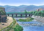  bridge building bus commentary day grass ground_vehicle highres hirota_(masasiv3) horizon house motor_vehicle mountain mountainous_horizon no_humans outdoors river scenery sky traditional_media tree water watercolor_(medium) waterfall 