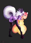  anthro bent_over big_breasts breast_squish breasts butt canine clothed clothing female fur hair legwear maggiefess mammal plushie purple_fur skimpy smile solo thigh_highs topless white_hair wolf 