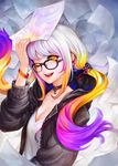  bangs blonde_hair breasts choker cleavage collarbone earrings glasses hand_on_head highres hood hood_down hoodie jewelry long_hair looking_at_viewer medium_breasts multicolored_hair one_eye_closed open_mouth original paper patipat_asavasena pink_hair purple_hair silver_hair smile teeth twintails upper_body yellow_eyes 