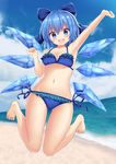  :d absurdres arm_up armpits bangs bare_arms bare_legs barefoot beach bikini blue_bikini blue_bow blue_eyes blue_hair blue_sky blue_wings bow breasts cirno cloud cloudy_sky day frilled_bikini frills full_body hair_bow happy highres ice ice_wings jumping looking_at_viewer navel open_mouth outdoors short_hair side-tie_bikini sky small_breasts smile solo stomach suigetsu_(watermoon-910) summer swimsuit touhou wings 