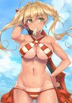  aestus_estus ahoge bikini blonde_hair blue_sky bracelet breasts cloud criss-cross_halter day earrings eyebrows_visible_through_hair fate/grand_order fate_(series) food green_eyes halterneck hand_on_hip jewelry large_breasts long_hair looking_to_the_side mouth_hold navel nero_claudius_(fate)_(all) nero_claudius_(swimsuit_caster)_(fate) popsicle rr_(realreal) side-tie_bikini sky solo standing striped striped_bikini swimsuit sword tan tanline twintails weapon 