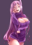  :d absurdres black_background blue_eyes blush breasts commentary_request eyebrows_visible_through_hair hair_between_eyes hand_on_own_face head_tilt highres huge_breasts long_hair looking_at_viewer lun7732 meme_attire mole mole_under_eye open-chest_sweater open_mouth purple_hair purple_sweater ribbed_sweater sleeves_past_wrists smile solo sweater tower_of_saviors turtleneck turtleneck_sweater valkyrie_(tower_of_saviors) very_long_hair 