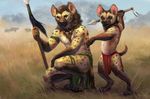  4_toes 5_fingers anthro black_nose brown_fur brown_hair cub detailed_background digitigrade duo fur hair holding_object holding_weapon hyena male mammal melee_weapon polearm spear spots spotted_fur standing toes weapon wolnir young 