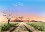  bare_tree blue_sky cloud commentary day gradient_sky grass highres hill hirota_(masasiv3) no_humans outdoors road scenery sky sunset tree 