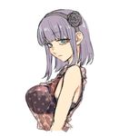  bangs black_bra blue_eyes blunt_bangs bra bra_through_clothes breasts closed_mouth commentary_request dagashi_kashi expressionless eyebrows_visible_through_hair flower from_side hair_flower hair_ornament hairband hand_on_own_chest highres kotoyama large_breasts lavender_hair looking_at_viewer ringed_eyes see-through shidare_hotaru shirt sidelocks sleeveless sleeveless_shirt solo translucent_shirt underwear upper_body white_background 