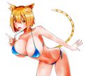  animal_ears bikini blonde_hair breasts cat_ears cat_tail cleavage highres large_breasts lun7732 navel original short_hair simple_background solo swimsuit tail white_background yellow_eyes 