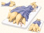  :3 animal_ears barefoot blonde_hair closed_eyes commentary_request fox_ears fox_tail lying mattress multiple_tails multiple_views on_back on_side pillow shirosato short_hair sleeveless smile tail touhou under_covers yakumo_ran 