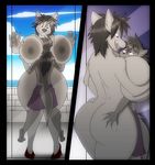  2017 anthro big_breasts big_butt breasts butt butt_grab canine clothing crossgender digital_media_(artwork) dracojeff eevee female footwear hair hand_on_butt high_heels huge_breasts huge_butt in_glass larger_female male mammal nintendo nipples nude pok&eacute;mon shoes size_difference smaller_male smile thick_thighs video_games voluptuous wide_hips wolf 