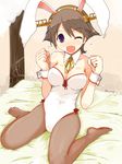  ;d animal_ears bed breasts brown_hair bunny_ears bunny_tail bunnysuit cross-laced_clothes detached_collar fang fishnet_pantyhose fishnets flipped_hair hairband headgear hiei_(kantai_collection) kanoe_soushi kantai_collection leotard looking_at_viewer medium_breasts no_shoes one_eye_closed open_mouth pantyhose purple_eyes ribbon short_hair sitting smile solo strapless strapless_leotard tail unmoving_pattern wariza white_leotard wrist_cuffs yellow_ribbon 