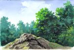  cloud commentary day forest graphite_(medium) highres hirota_(masasiv3) moss nature no_humans ookami_kodomo_no_ame_to_yuki outdoors rock scenery sky traditional_media tree 