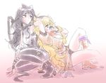  black_hair blake_belladonna blonde_hair bow breasts cleavage commentary_request ember_celica_(rwby) gambol_shroud hair_bow multiple_girls pantyhose purple_eyes rwby rwby_fanartnest smelling_hair weapon yang_xiao_long yellow_eyes 