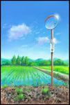  blue_sky border calligraphy_brush_(medium) cloud commentary day grass highres hirota_(masasiv3) mirror no_humans outdoors reflection rice_paddy scenery sky telephone_pole traffic_mirror translated tree water windowboxed 