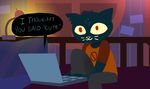  3_fingers anthro balatronical bedroom cat clothed clothing computer english_text feline female inside laptop mae_(nitw) mammal night_in_the_woods smile solo text 