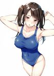  :o alexmaster armpits arms_up bangs blue_swimsuit blush breasts brown_eyes brown_hair collarbone commentary_request covered_navel cowboy_shot eyebrows_visible_through_hair fang highres large_breasts long_hair looking_at_viewer one-piece_swimsuit open_mouth original sidelocks simple_background solo swimsuit tsurime twintails wet white_background 