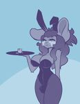  2017 anthro bat big_breasts black_fur black_hair blue_background blue_hair blush breasts bulge bunny_costume clothed clothing costume cum cum_in_a_cup dickgirl eyes_closed fake_ears fake_rabbit_ears fishnet fur glass glowing_flesh grey_fur hair hi_res intersex legwear limebreaker long_ears mammal michi_tsuki simple_background smile solo stockings thick_thighs tray voluptuous wide_hips 