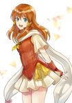  akke blue_eyes blush brown_hair fire_emblem fire_emblem:_akatsuki_no_megami fire_emblem:_souen_no_kiseki gloves green_eyes hair_tubes long_hair looking_at_viewer mist_(fire_emblem) open_mouth scarf skirt smile solo 