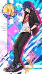  blue_hair bracelet full_body gekkoukan_high_school_uniform hair_over_one_eye headphones highres jacket jewelry looking_at_viewer male_focus persona persona_3 persona_3:_dancing_moon_night persona_dancing shoes smile sneakers solo techitoni yuuki_makoto 