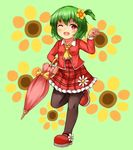  ascot black_legwear bushi_(1622035441) floral_background flower full_body green_background green_hair hair_flower hair_ornament highres kazami_yuuka long_sleeves looking_at_viewer mary_janes one_eye_closed one_side_up pantyhose parasol plaid plaid_skirt red_eyes red_footwear red_skirt shoes short_hair skirt smile solo standing standing_on_one_leg touhou umbrella vest younger 