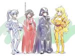  ahoge black_eyes black_hair blake_belladonna blonde_hair blue_eyes blue_hair blush boobplate breastplate brown_eyes c-3po c-3po_(cosplay) cosplay darth_vader darth_vader_(cosplay) flat_color headwear_removed helmet helmet_removed iesupa mask mask_removed multiple_girls purple_eyes red_robe robe ruby_rose rwby smile staff standing star_wars stormtrooper weiss_schnee yang_xiao_long 