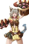  :d animal_ears arm_up blush breasts brown_eyes claw_(weapon) collar collarbone commentary_request cowboy_shot eyebrows_visible_through_hair granblue_fantasy green_skirt grey_hair haido_(ryuuno_kanzume) hair_between_eyes head_tilt highres looking_at_viewer medium_breasts open_mouth pleated_skirt sen_(granblue_fantasy) simple_background skirt smile solo v-shaped_eyebrows weapon white_background 