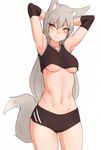 abs animal_ear_fluff animal_ears armpits arms_behind_head arms_up bangs bare_shoulders bluefield boyshorts breasts brown_eyes commentary cowboy_shot crop_top elbow_pads eyebrows_visible_through_hair fox_ears fox_girl fox_tail grey_hair gym_shorts hair_between_eyes highres light_smile long_hair looking_at_viewer medium_breasts original shorts simple_background smile solo sportswear straight_hair sweat tail thighs toned tsurime underboob v-neck very_long_hair white_background 