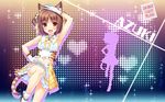  :d animal_ears arm_up armpits artist_name azuki_(sayori) brown_eyes brown_hair cat_ears cat_tail character_name eyebrows_visible_through_hair fanbox_reward fang gloves hand_on_hip heart highres idol layered_skirt looking_at_viewer midriff navel nekopara official_art open_mouth paid_reward plaid sayori shirt short_hair silhouette sleeveless sleeveless_shirt smile solo sparkle standing standing_on_one_leg striped_tail tail two_side_up wallpaper white_gloves 