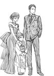  2girls breasts chrome_dokuro cleavage dress eyepatch formal full_body greyscale if_they_mated katekyo_hitman_reborn! monochrome mother_and_daughter multiple_girls rokudou_mukuro runesque short_hair suit 