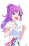  2017_taipei_universiade artist_name bangs blue_eyes blue_scrunchie breasts eyebrows_visible_through_hair hair_ornament hair_scrunchie highres huai_diao_me long_hair looking_at_viewer medium_breasts open_mouth original polo_shirt ponytail purple_hair scrunchie short_sleeves sidelocks signature simple_background smile solo upper_body wet.elephant white_background 