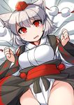  animal_ears bangs bed_sheet blush breasts clenched_hands cowboy_shot eyebrows_visible_through_hair fun_bo grey_hair groin hat inubashiri_momiji kourindou_tengu_costume long_sleeves looking_at_viewer lying medium_breasts obi on_back open_mouth pelvic_curtain pom_pom_(clothes) red_eyes sash short_hair solo sweat tokin_hat touhou wide_sleeves wolf_ears 